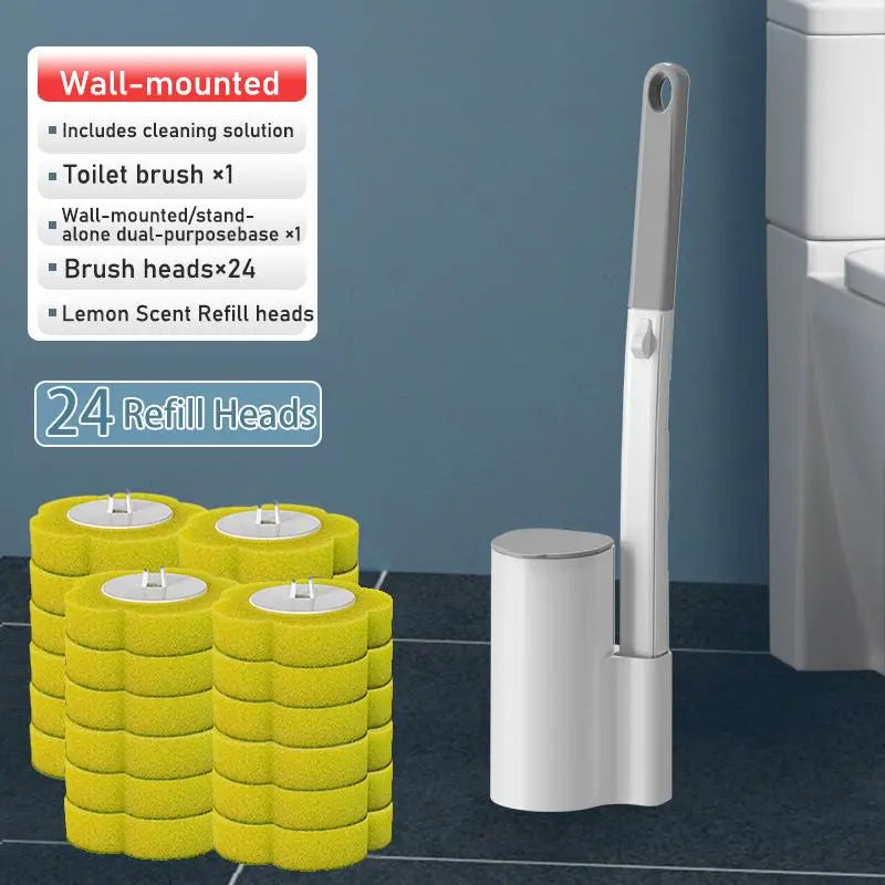 Home Essentials Disposable Toilet Brush Set-Includes 24 Disposable Replacement Heads+Toilet Brush+Wall-Mounted Toilet Caddy,Easy to Use,Thorough Cleaning,Antibacterial,Deodorizing,Dispose after Use,No Secondary Contamination,Cleaning Supplies and Tools Ti