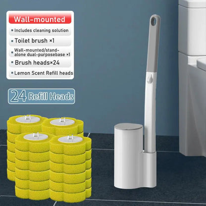 Home Essentials Disposable Toilet Brush Set-Includes 24 Disposable Replacement Heads+Toilet Brush+Wall-Mounted Toilet Caddy,Easy to Use,Thorough Cleaning,Antibacterial,Deodorizing,Dispose after Use,No Secondary Contamination,Cleaning Supplies and Tools Ti