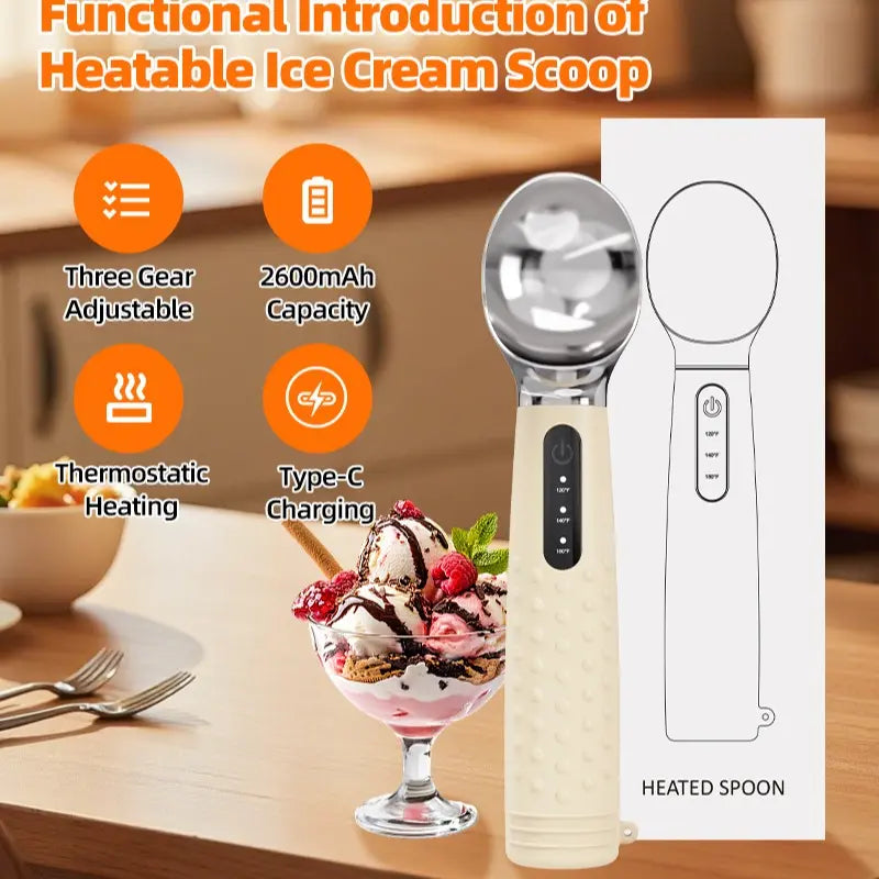 Ice Cream Scoop, Heated Ice Cream Spoon, USB Rechargeable, Easy to Dig Hard Ice Cream, Convenient and Practical Design