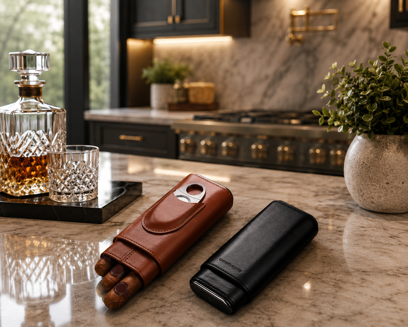 Portable Cedar Wood Leathe Cigar Humidor Case with Cutter and Gift Box