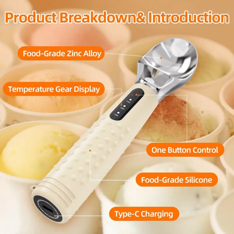 Ice Cream Scoop, Heated Ice Cream Spoon, USB Rechargeable, Easy to Dig Hard Ice Cream, Convenient and Practical Design