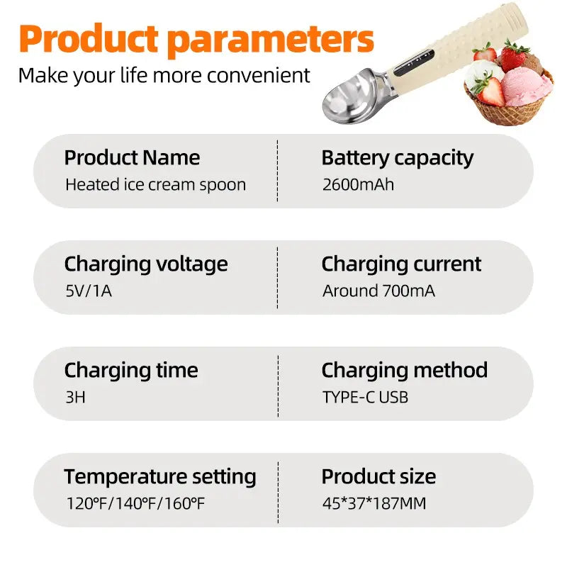 Ice Cream Scoop, Heated Ice Cream Spoon, USB Rechargeable, Easy to Dig Hard Ice Cream, Convenient and Practical Design