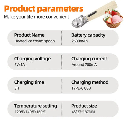Ice Cream Scoop, Heated Ice Cream Spoon, USB Rechargeable, Easy to Dig Hard Ice Cream, Convenient and Practical Design