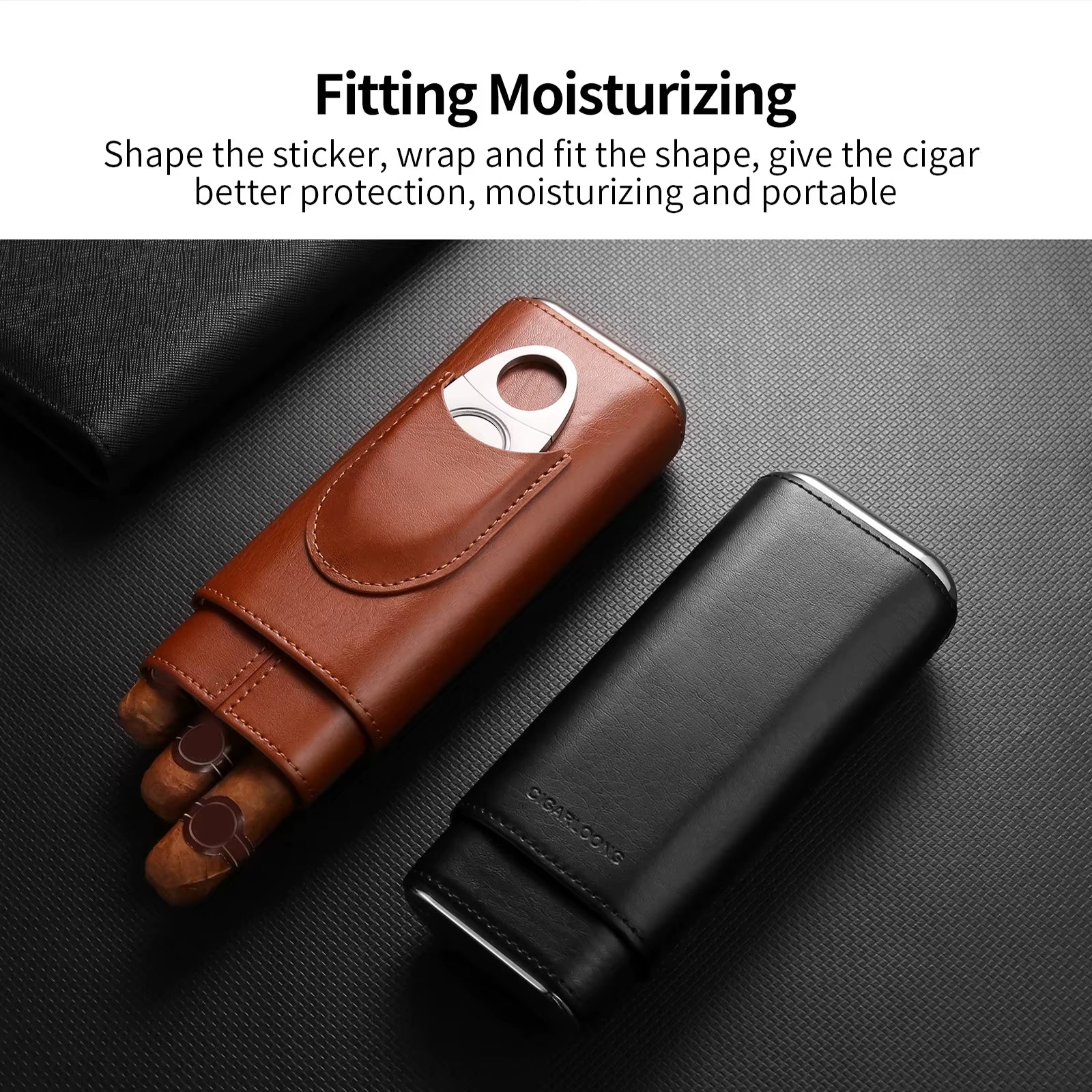 Portable Cedar Wood Leathe Cigar Humidor Case with Cutter and Gift Box