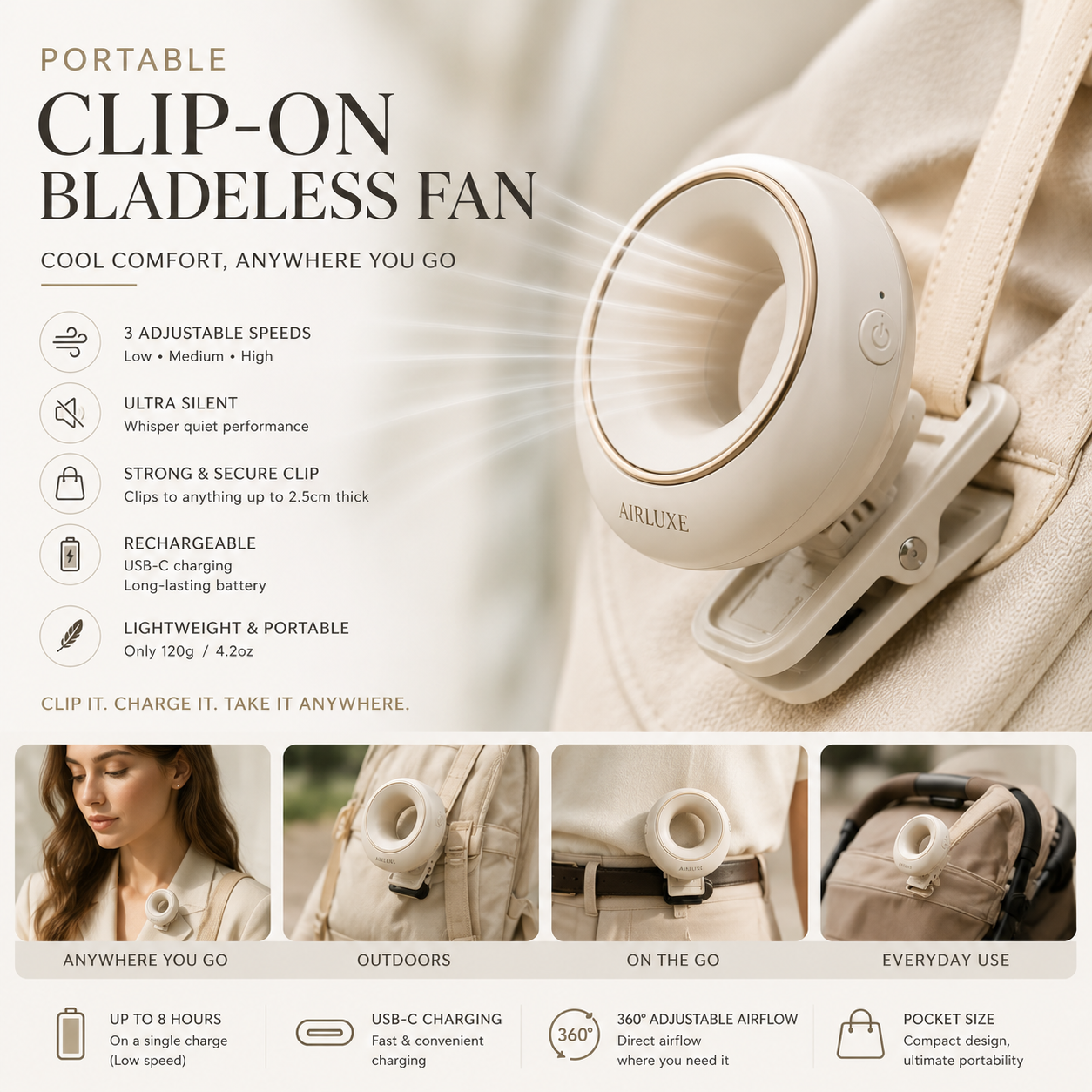 Portable Silent Mini Bladeless Electric Fan,Small Fan Clip on Shirt Waist Mini Bladeless Fan Adjustable 3-Speed for Outdoor NEW