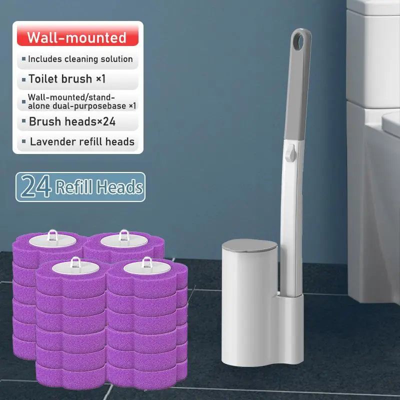 Home Essentials Disposable Toilet Brush Set-Includes 24 Disposable Replacement Heads+Toilet Brush+Wall-Mounted Toilet Caddy,Easy to Use,Thorough Cleaning,Antibacterial,Deodorizing,Dispose after Use,No Secondary Contamination,Cleaning Supplies and Tools Ti